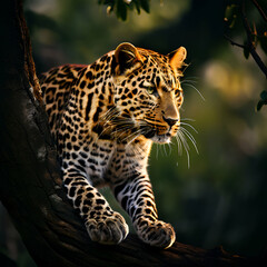 Obraz premium a leopard is walking up and down the tree on its branches tree back ground generate ai