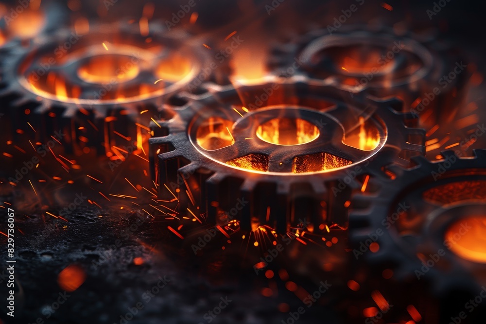 Poster dynamic close up shot synchronized gears in motion with sparks, blurred background, space for text