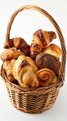 various breads and croissants in a basket on a white background, with professional color grading, soft shadows, and no contrast.