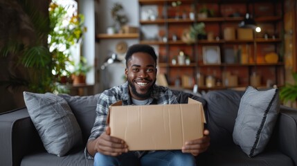 A cheerful man displays a cardboard box at home, signifying delivery and satisfaction