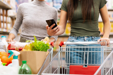 Women doing grocery shopping and using a smartphone