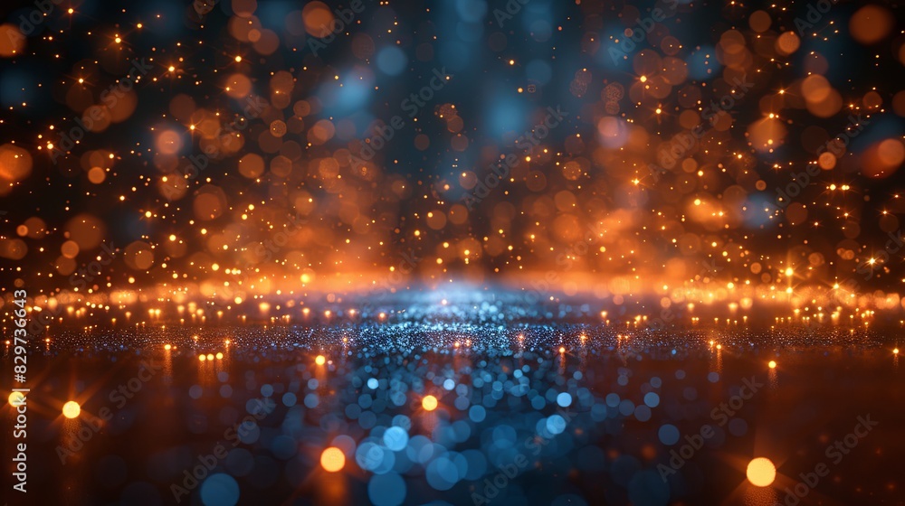 Poster enchanting bokeh effect with a vibrant display of blue and orange sparkling lights shimmering across
