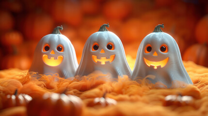  charming halloween ghosts with illuminated pumpkin on a vivid orange background