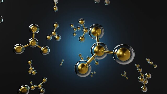 Rotating golden molecules encapsulated in a transparent sphere on black background decorated with a neon blue light. 3D rendering as loopable background for scientific and chemical related topics
