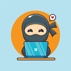 Cute ninja with laptop cartoon vector illustration