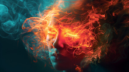 Profile of a woman with fiery, glowing hair, representing headache pain.