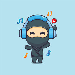 Cute ninja listening music with headphone cartoon vector illustration