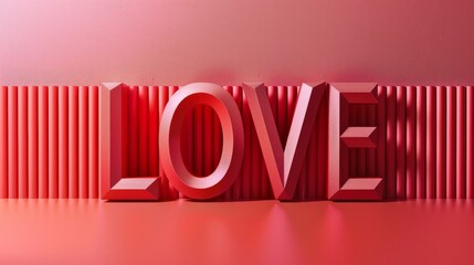 Word LOVE in large, three-dimensional, textured letters set against a red background with vertical stripes