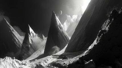 Dramatic mountain landscape with sharp, jagged peaks, deep shadows, and a monochromatic color scheme