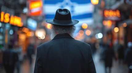 A man seen from behind wearing a hat walks towards glowing city lights under a dusk sky, creating a...