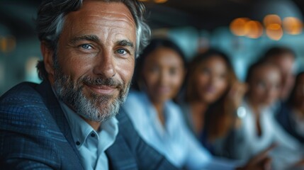 Obraz premium Charismatic mature man with a beard in a business meeting with colleagues