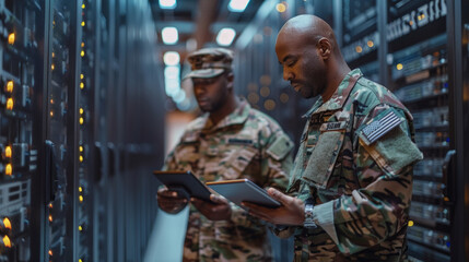 Two soldiers in camouflage inspecting a digital tablet in a server room with racks of equipment