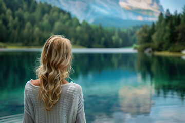 Fototapeta premium back view of blonde woman looking at a tranquil mountain lake, summer vibe 