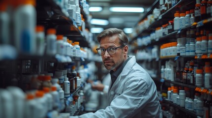 A focused male pharmacist in a lab coat searching for medication on pharmacy shelves - Powered by Adobe