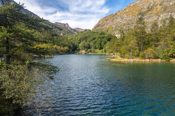 Picturesque alpine lake at Ferrera Moncenisio, located in Susa Valley, Piedmont, Italy