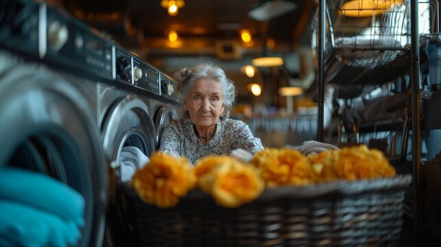 An elderly lady patiently waits in a laundromat surrounded by laundry baskets and washing machines - Powered by Adobe