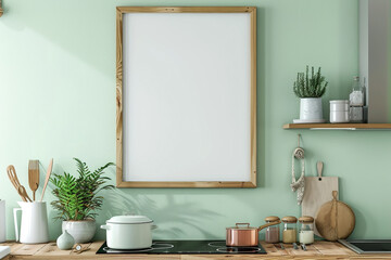 Square wooden frames in a fern green kitchen, Scandinavian expanded format.