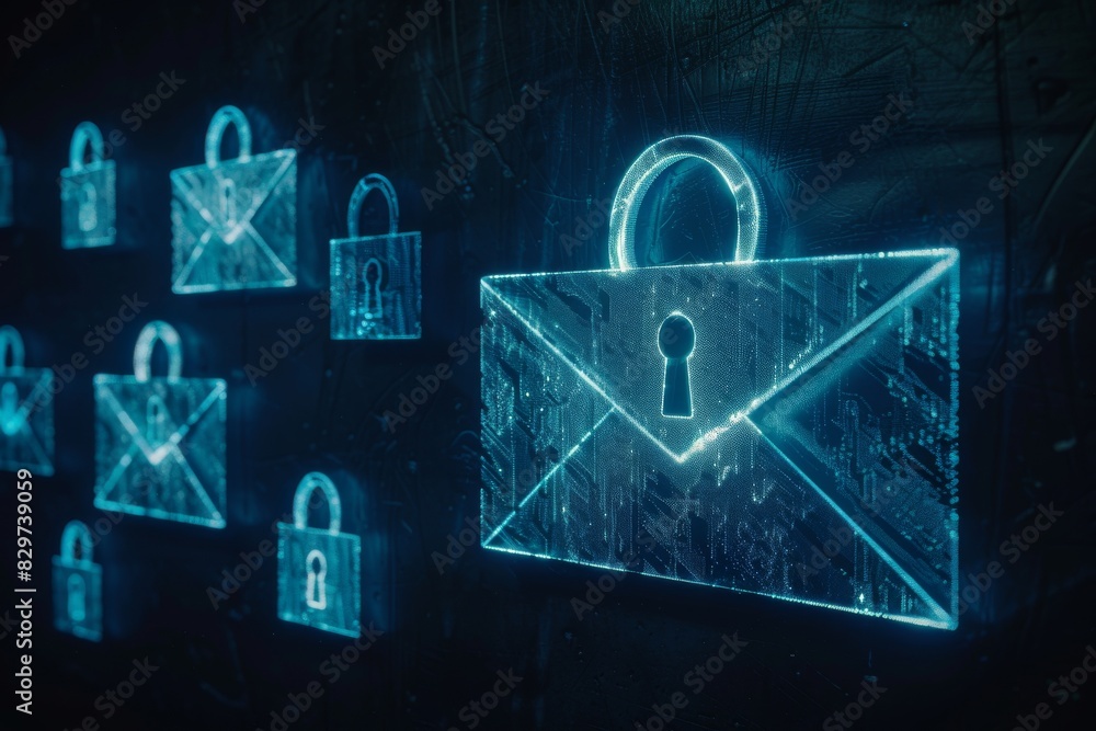 Poster digital envelope with padlock, highlighting secure email communication and data protection in a digi