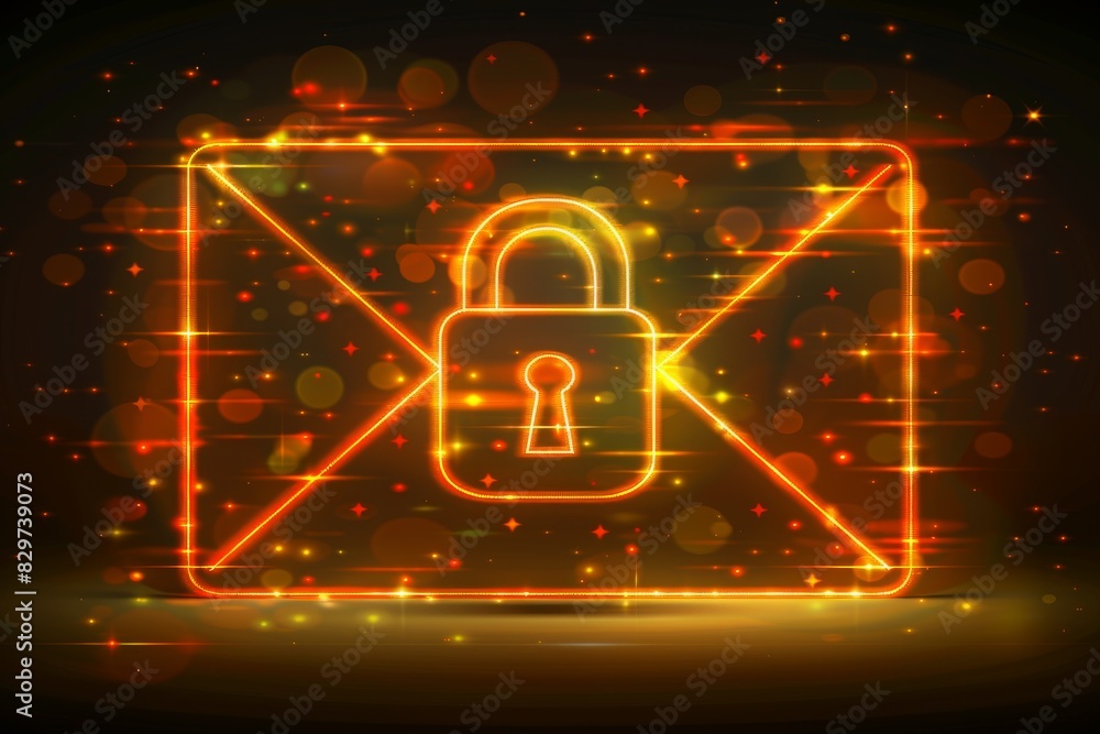 Poster glowing envelope with padlock, symbolizing secure communication and data protection in a futuristic 