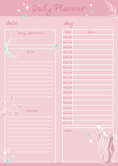 Daily planner for recording scheduled tasks, creating notes and daily affirmations. The background is soft pink with magical elements