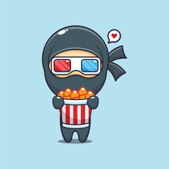 Cute ninja eating popcorn with 3d glasses cartoon vector illustration
