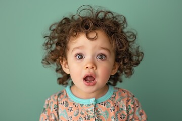 Naklejka premium surprised toddler with curly hair, wearing a patterned pajama, against a light green background
