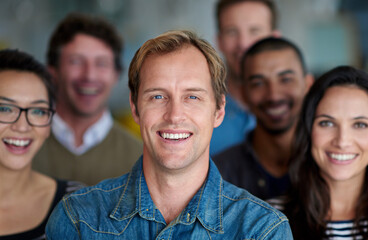 Obraz premium Copywriter, friends and funny with business people laughing together in creative office at work. Collaboration, happy and portrait for men, woman or employee group joking and working as team support