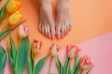 close up of woman's feet with a pink pedicure and fresh tulips on a bright orange background