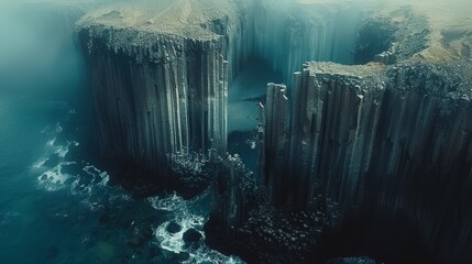 Aerial view of majestic basalt columns by the shore, creating a striking geometric pattern - Powered by Adobe
