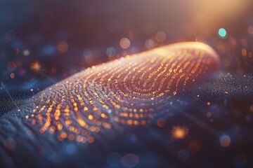 Close-up of a fingerprint on a digital surface, highlighting advanced biometric security and data protection in a high-tech environment.