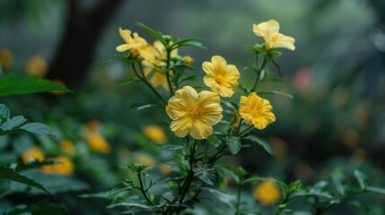 Yellow unitary blooms with four petals are flourishing splendidly in the garden
