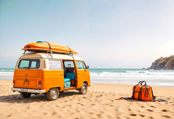 An orange vintage van with surfboards on the roof parked on a sandy beach with the ocean in the background