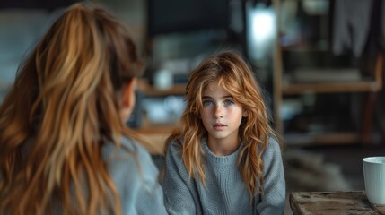 An evocative portrait of a young girl with a mesmerizing gaze reflected in a mirror, appearing contemplative