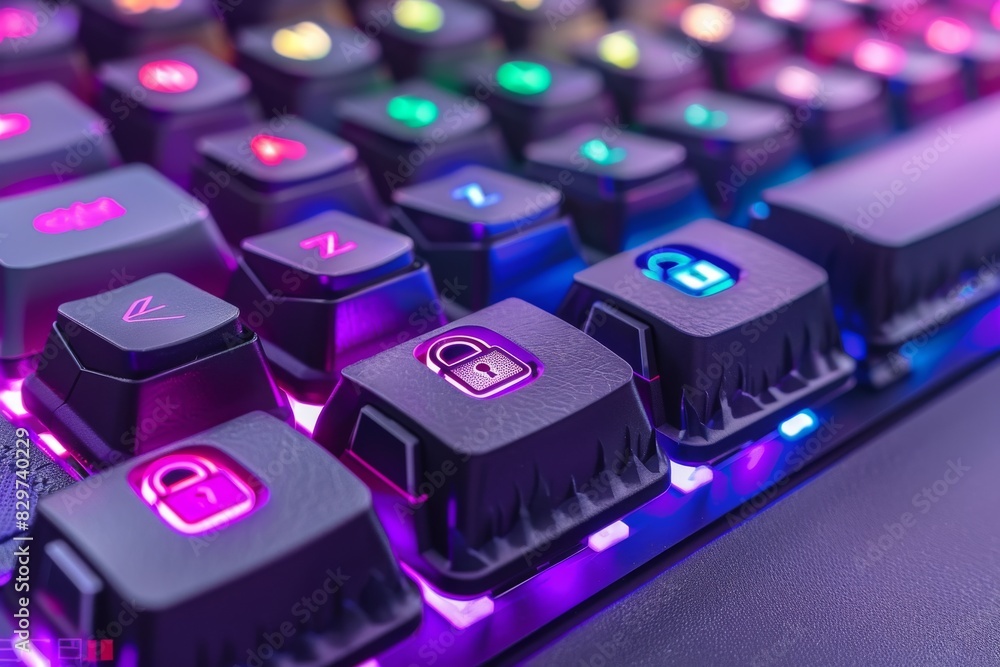 Poster keyboard with glowing keys, highlighting secure digital communication and data protection in a moder