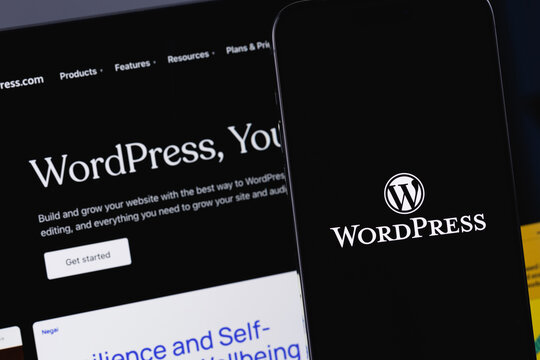 WordPress logo mobile app on a screen smartphone iPhone. WordPress - open source site content management system. Batumi, Georgia - February 11, 2024