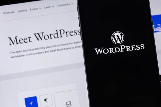 WordPress logo mobile app on a screen smartphone iPhone closeup. WordPress - open source site content management system. Batumi, Georgia - February 11, 2024