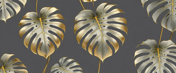 Gold monstera on gray background
