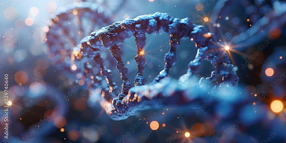 Poster 3d rendering of human dna under microscope using advanced technology. concept dna visualization, mic