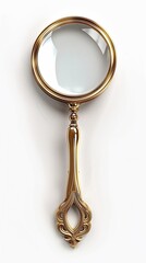 A beautiful magnifying glass with golden handle on the white background.