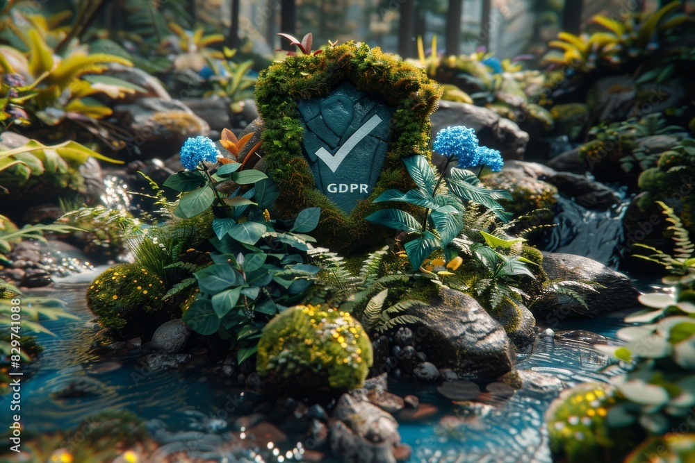 Aufkleber forest scene with secure lock icon representing nature-inspired gdpr compliance and environmental da