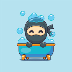 Cute ninja taking bubble bath in bathtub cartoon vector illustration
