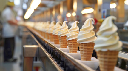 Rows of ice cream cones on a conveyor belt, in an ultra-modern food processing environment