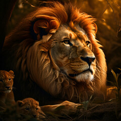 Naklejka premium a big lion is watching like the small lions 3 lions black baground generate ai,