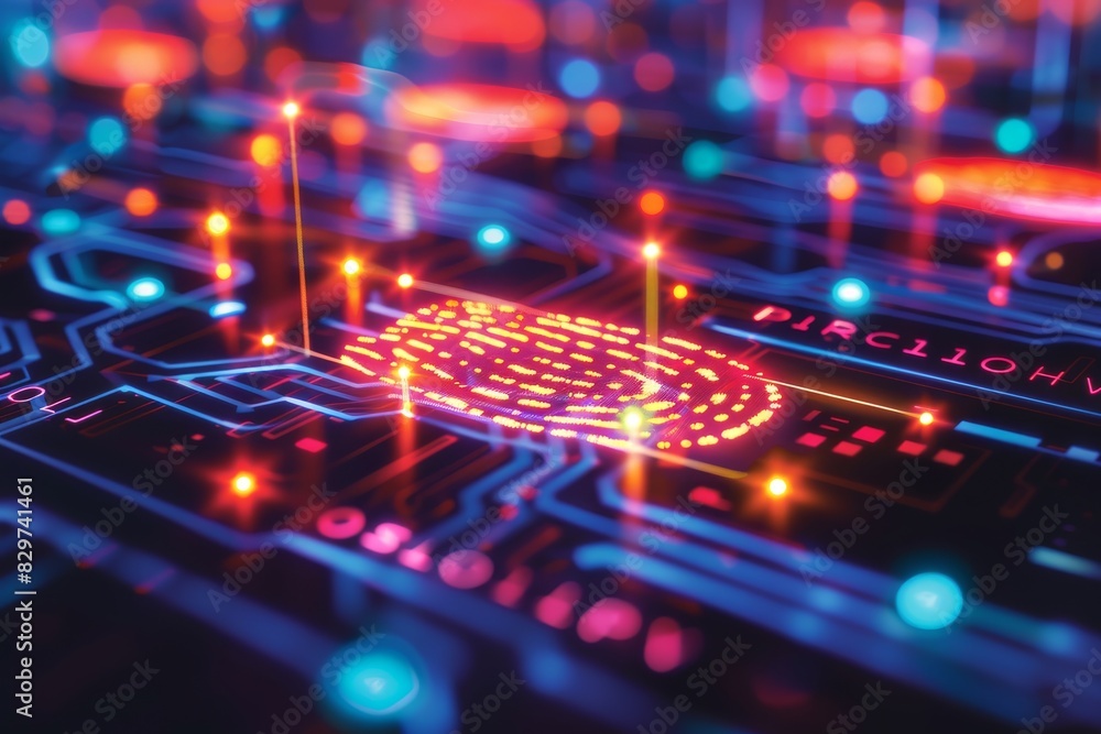 Poster glowing fingerprint on circuit board illustrating advanced biometric security and data protection in