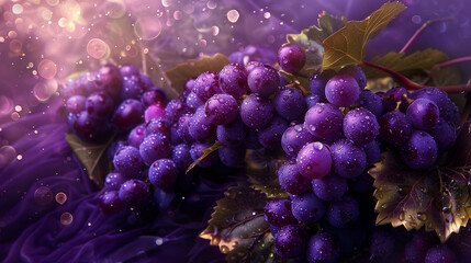 Capturing the essence of nature's bounty, a vibrant cluster of fresh grapes glistens with droplets of water against neutral backdrop, evoking the organic allure and essence of healthy living.