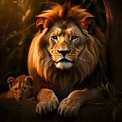 Naklejka premium a big lion is watching like the small lions 3 lions black baground generate ai,