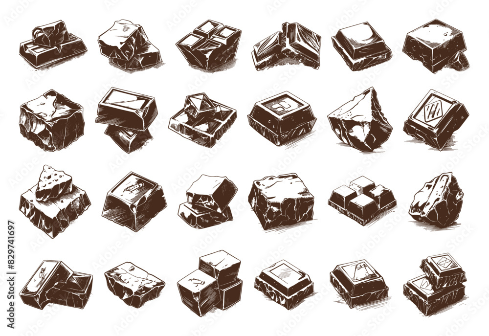 Aufkleber doodle style chocolate chunks at different angles icons set. low detailed line sketch with crisp con