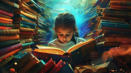 Close up of attractive child reading a book while looking at camera. Elementary student holding fairy tale novel book or bedtime stories surrounded by various book. Creative activity concept. AIG42.