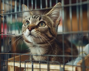 Close-up of a curious tabby kitten looking up from inside a metal cage, demonstrating the innocence and hopefulness of animals in shelters.