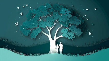 Family tree silhouette cut out of paper, with a man and child holding hands, set against a serene blue background, evoking a sense of unity and connection through simple design.